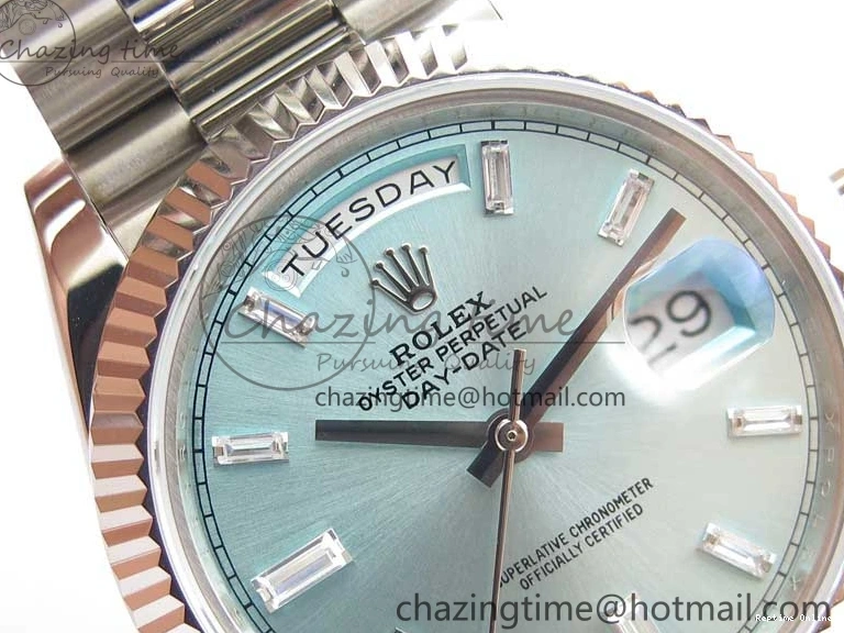 0417 SoftTouch Day-Date 40mm 228239 BP New Dial Version 904 SS Ice Blue T Crystal Markers Dial on SS President Bracelet A 2822